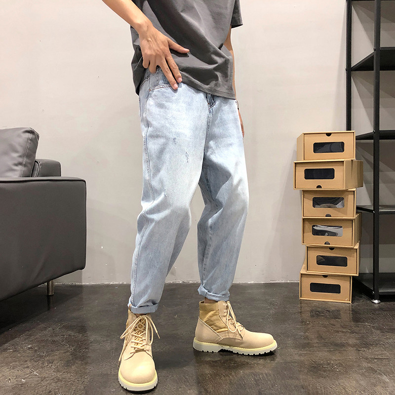 2022 Autumn new American trendy brand workwear jeans for men, loose blue and white light-colored casual Harun 9-inch pants details Picture